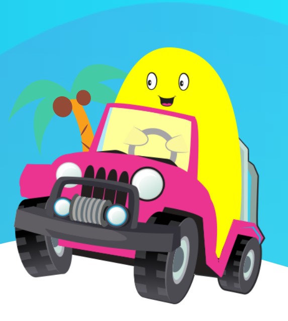 Keltainen HopLop -hahmo ajaa leikkiautoa aavikolla.