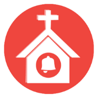 Punaisella pyöreällä pohjalla graafinen kuva kirkosta.