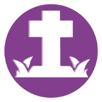 Pyöreällä violetilla pohjalla ristisymboli.