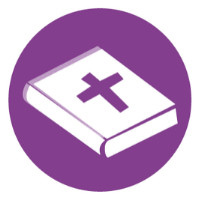 Pyöreällä violetilla pohjalla Raamattu.