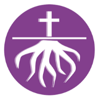 Pyöreällä violetilla pohjalla risti, jolla on juuret.